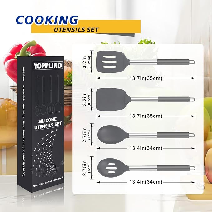 5-Piece Silicone Kitchen Tool Set, BPA-Free, Heat-Resistant, Non-Stick & Dishwasher-Safe, with Slotted/Solid Spoons & Spatulas for Frying, Mixing, Draining – Includes Multi-Purpose Serving Hook(Gray)