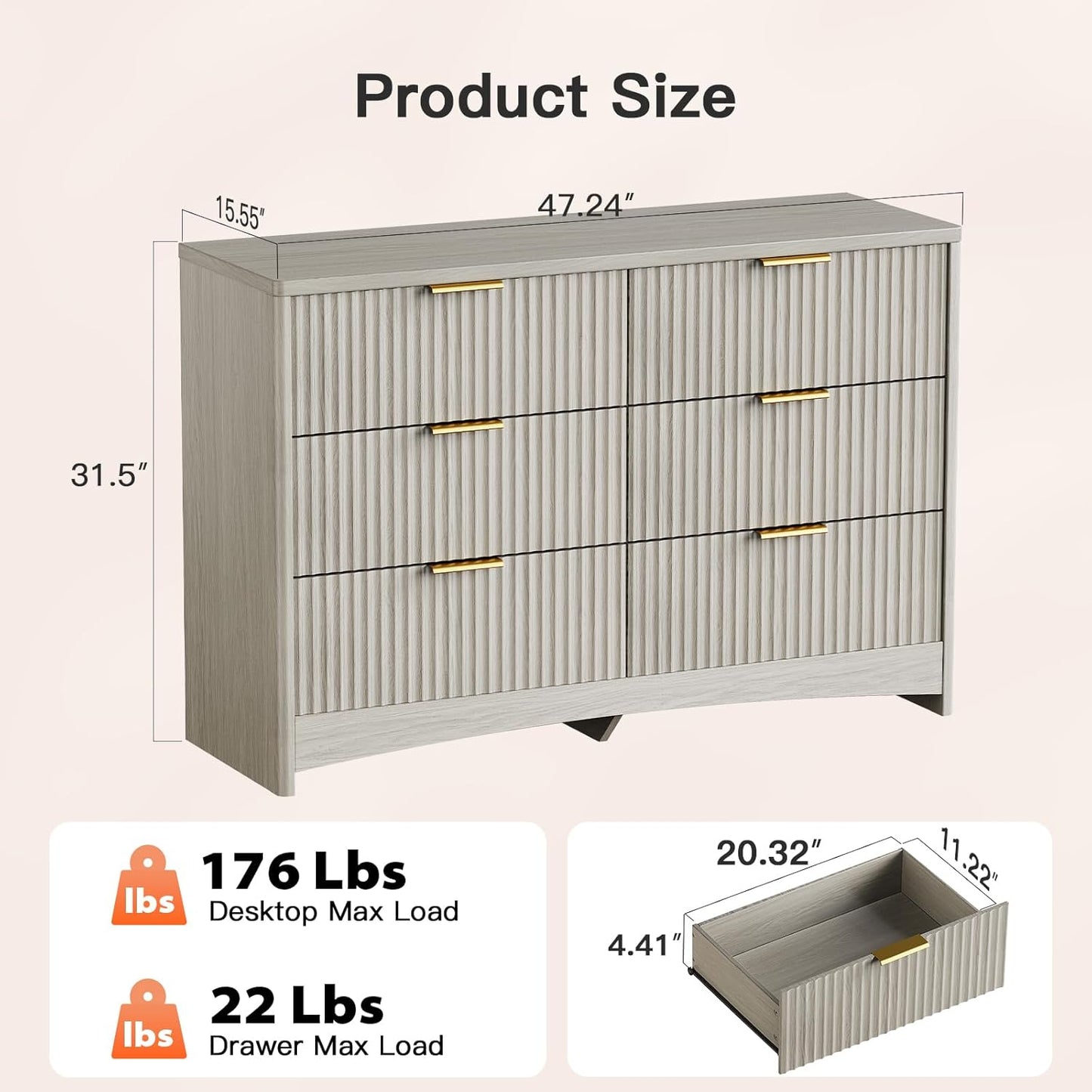 Pipishell Fluted 6 Drawers Dresser for Bedroom, 47" Wooden Drawers with Metal Handle, Dressers with Round Corner Design, Closet Storage Organizer for Bedroom, Hallway, Grey