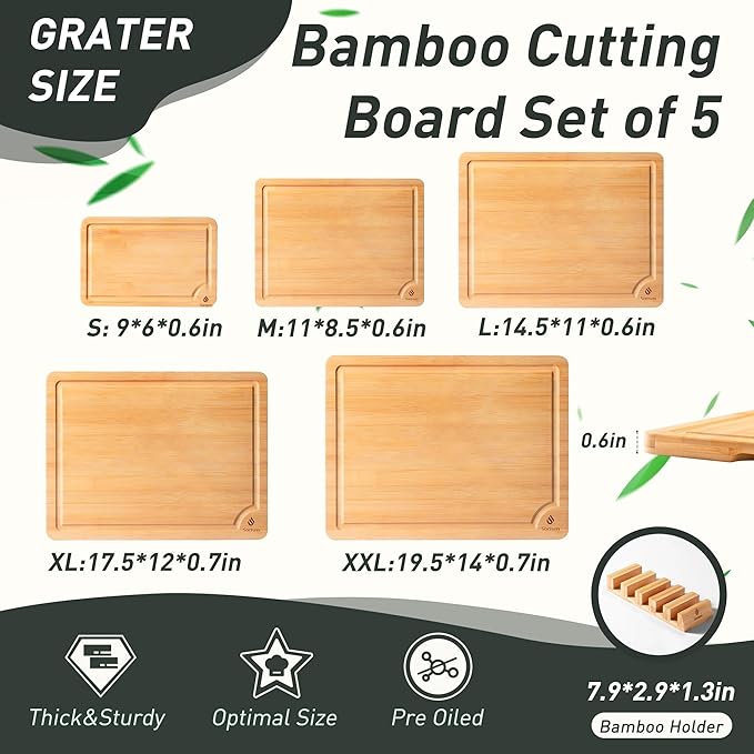 5 Packs Bamboo Cutting Board Set with Non Slip Feet Holder and Over Sink Nice Solid Thick Wood Juice Groove Chopping Board Small Big Xl XXl xlarge Oversized Kitchen Counter Organic Vegetable Meat Kit