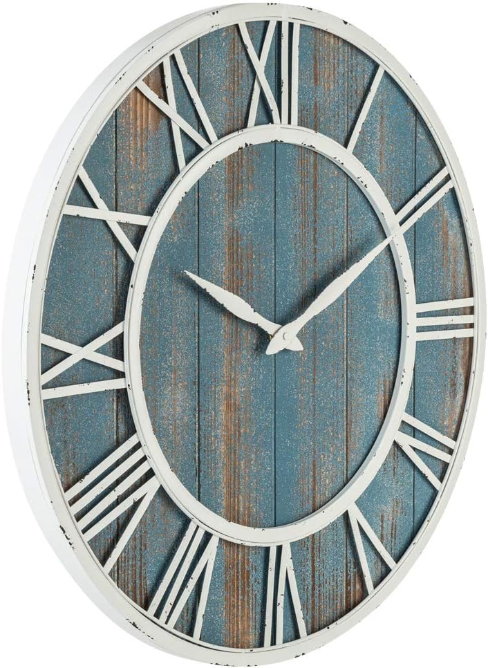24" Coastal Wall Clock - Metal & Solid Wood Noiseless Weathered Beach Blue Wall Clock (Coastal Blue, 24-inch)