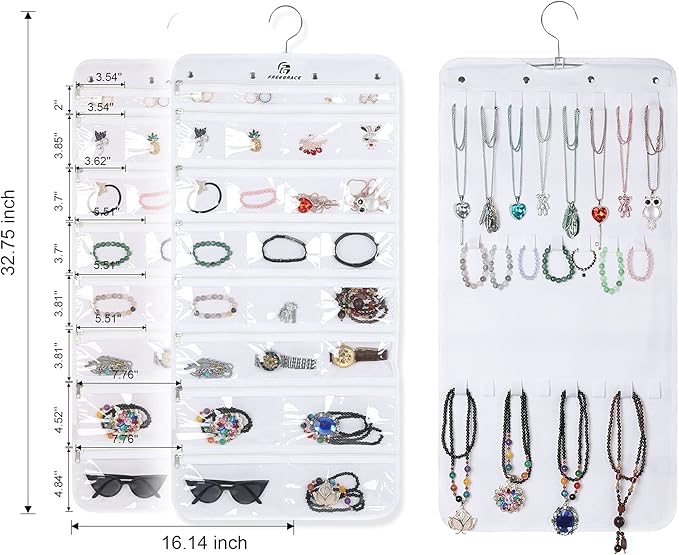 Freegrace Hanging Jewelry Organizer Revolving Hanger - Secure Zipper Closure - 25 Pockets,23 Hooks - Foldable Storage & Display Solution - For All Jewelry & Bijoux (White)