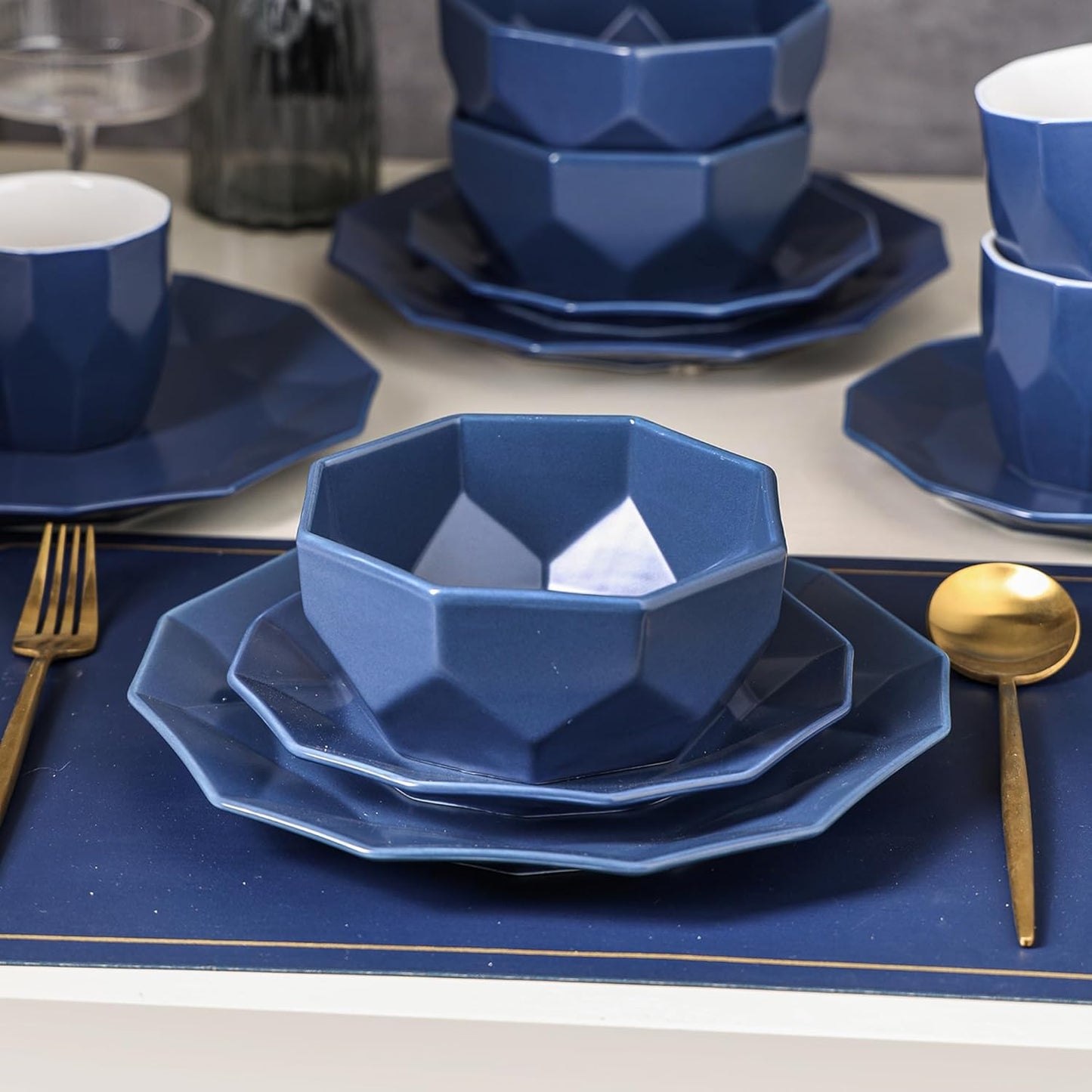 Stone + Lain Jamie Porcelain 32-Piece Geometric Dinnerware Set, Blue