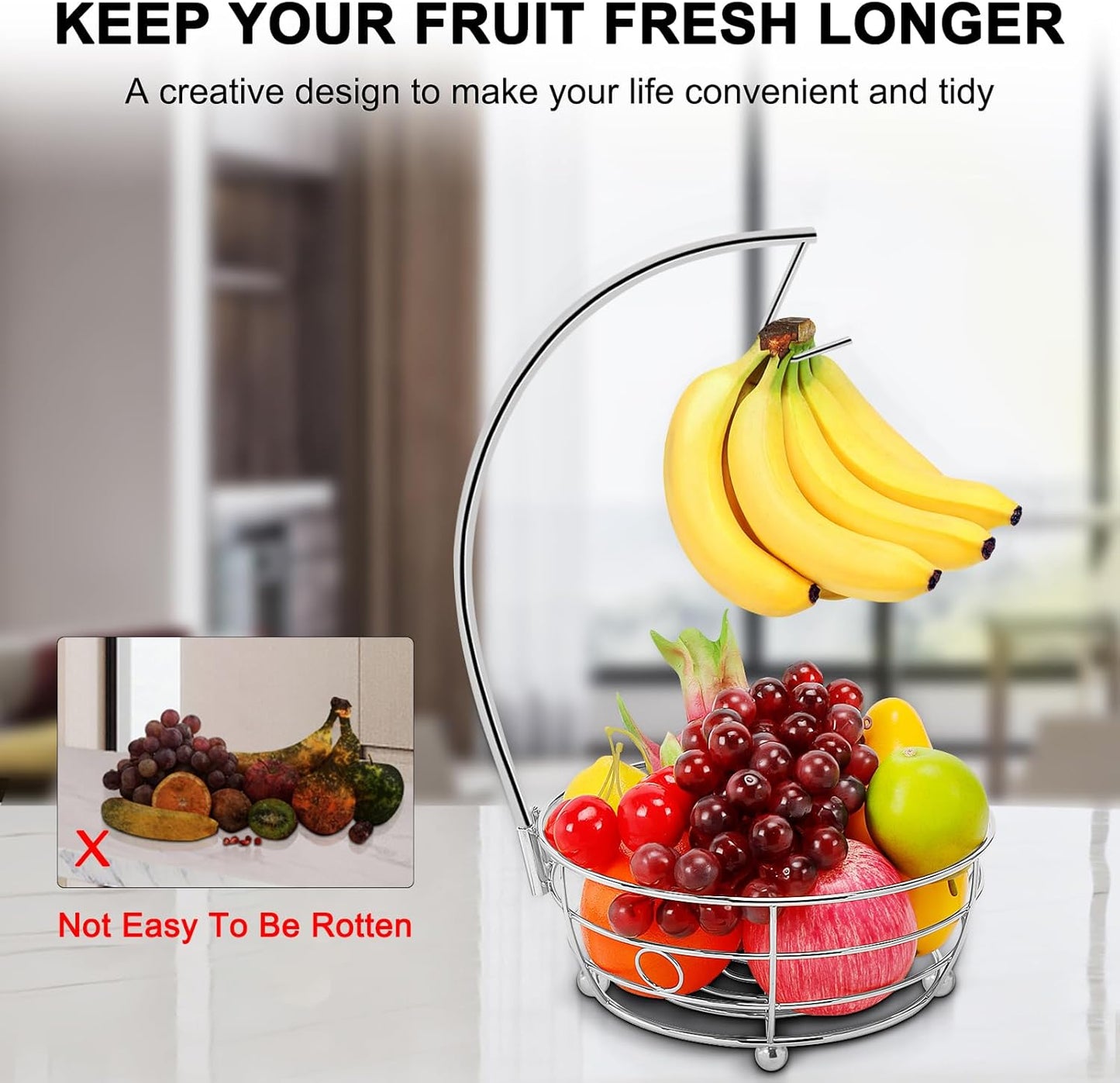 Livabber Countertop Fruit Basket Bowl with Banana Hanger, Modern Standing Fruit Vegetable Bowl Storage, with Banana Tree Holder for Kitchen Dinning Table (Round Metal, Chrome)