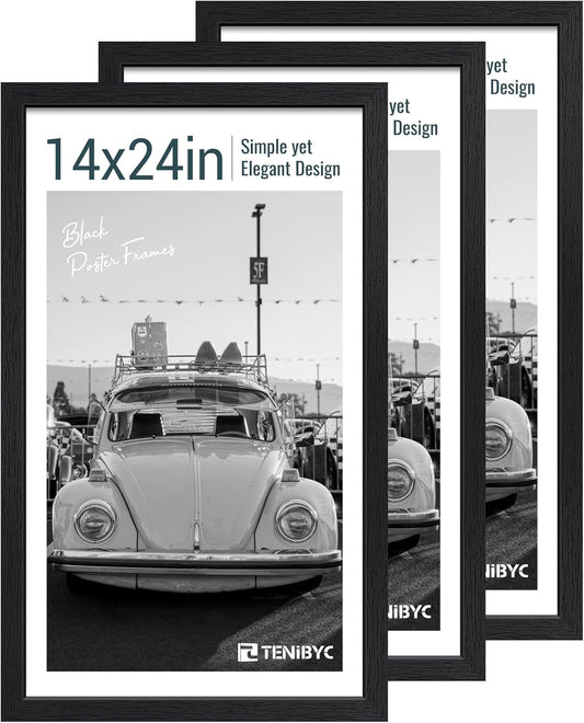 14x24 Poster Frame 3 Pack, Textured Black Solid Wood Gallery Picture Frame - Wall Hanging
