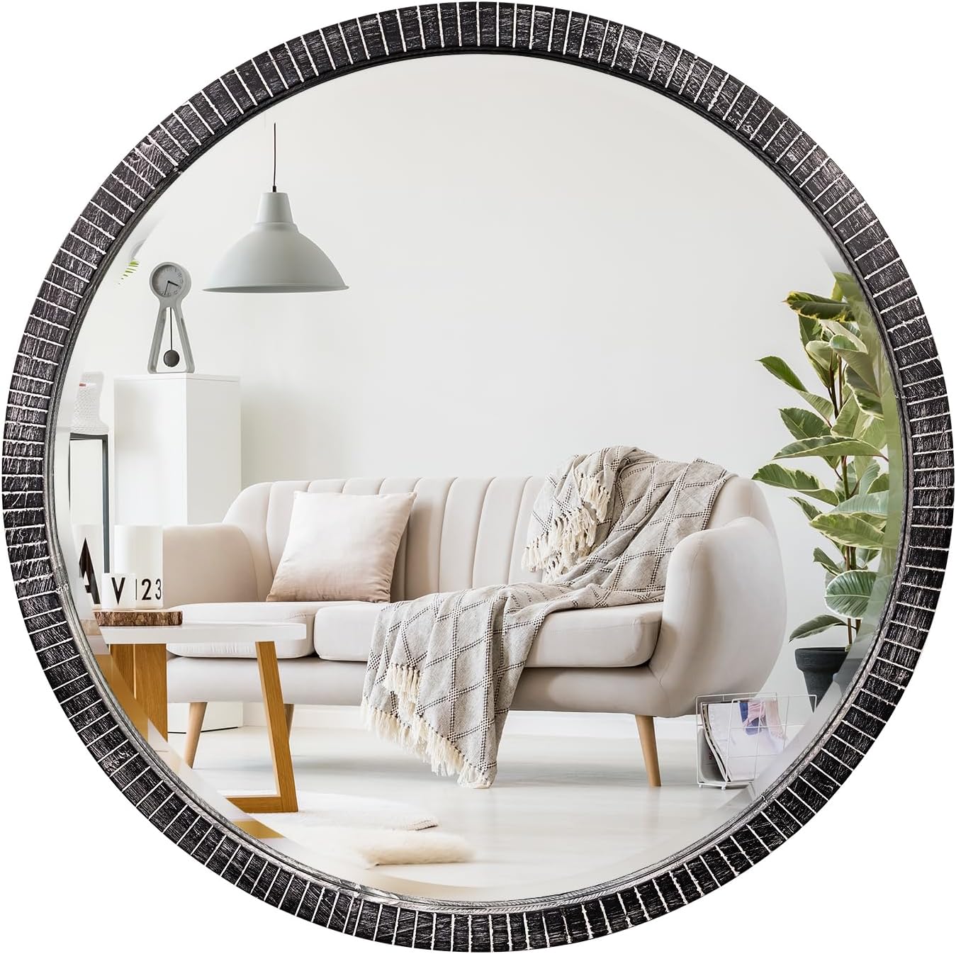 35" Round Wood Mirror, Rustic Circle Wall Mirror with Beveled, Wooden Round Mirror for Wall Decor, Decorative Wall-Mounted Mirror for Entryway, Living Room, Washed Black Frame