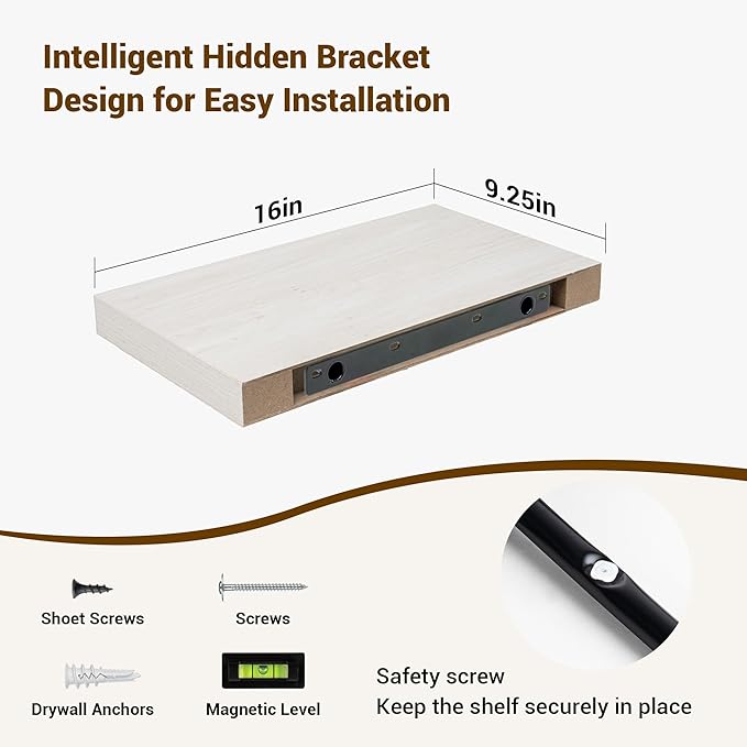 16 Inch Floating Shelves, 16"x9.25"x1.5" Inch Deep Floating Shelves for Wall, Wooden Shelves for Bathroom, Bedroom, Living Room, Cream White Oak