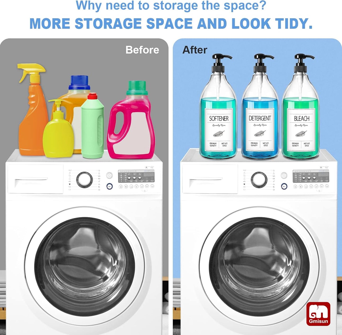 GMISUN Laundry Detergent Soap Dispenser, Liquid Laundry Detergent Dispenser, Container for Farmhouse Laundry Room Decor, Organizer for Liquid DetergentSoftenerBleach Storage Bottle(67 Oz Set of 3)