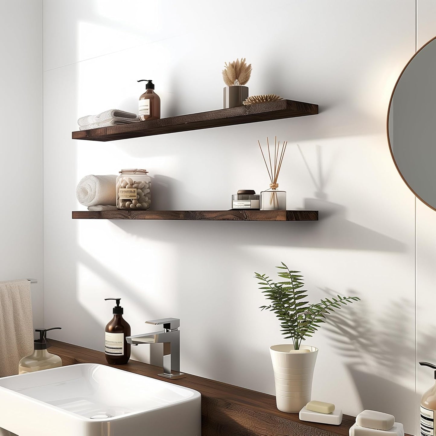 48 Inch Floating Shelves for Wall Rustic Brown Wood Wall Shelves for Bedroom Set of 4