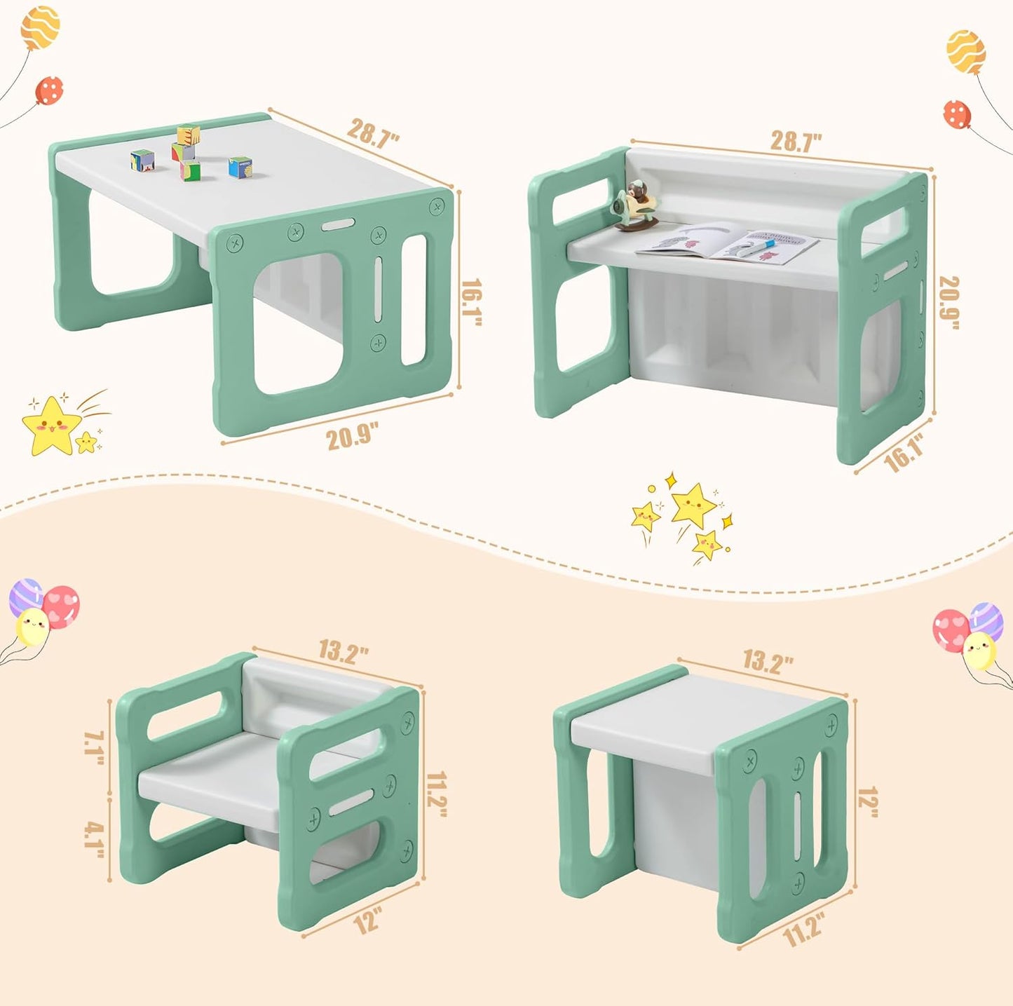 3 in 1 Montessori Weaning Table and 2 Chairs Set, Kids Activity Table Set, 2 Height Levels, Toddlers Activity Table for Drawing, Dining, Reading and Playing, Green