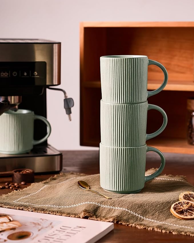 famiware Coffee Mug Set for 4, Star 12 oz Catering Mugs Cup Set with Handle for Coffee, Tea, Cocoa, Milk - Ceramic Stoneware Drinkware Set, Matte Green