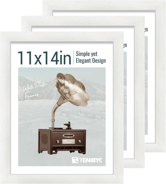 11x14 Picture Frame Set - 3 Pack, Textured White Solid Wood, HD Tempered Glass, Wall Gallery Photo Frame