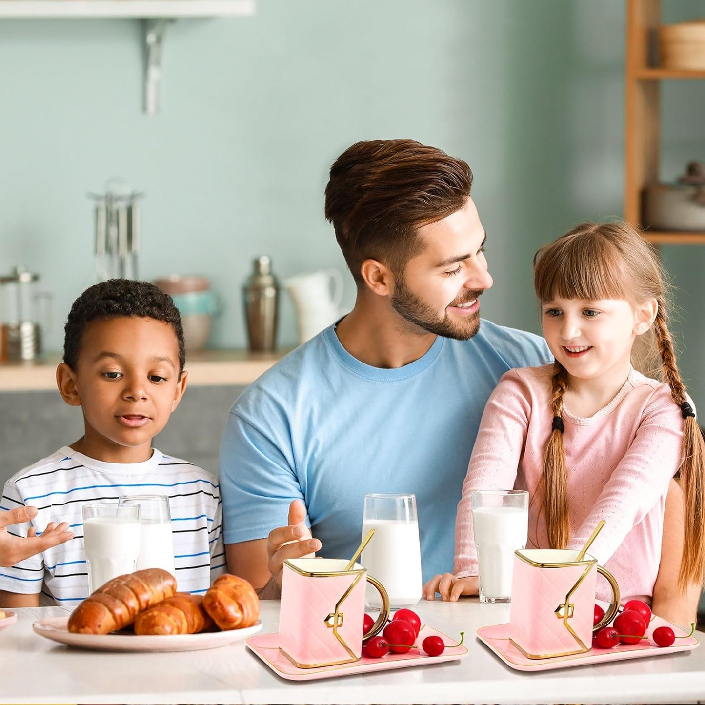 Zubebe 2 Sets Coffee Mug Elegant Handbag Shaped Cup Modern Ceramic Purse Mug with Spoon and Saucer, 10oz Cute Creative Tea Cup for Office Home Woman Girls Gift (Pink)