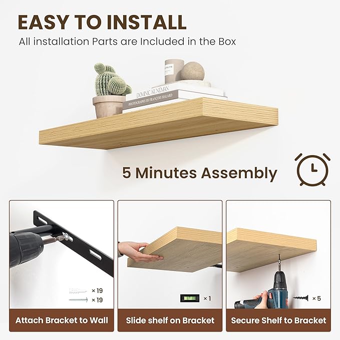 48 Inch Floating Shelves, 11.6 Inch Deep Floating Shelves for Wall, Floating Shelf with Invisible Brackets, Deep Shelves for Bathroom, Bedroom, Living Room, 1 Pack, Natural