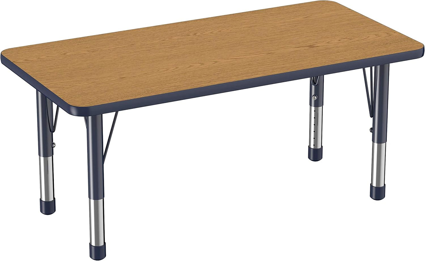 Factory Direct Partners FDP Rectangle Activity School and Kids Classroom Table (24 x 48 inch), Toddler Legs, Adjustable Height 15-24 inches - Oak Top and Navy Edge