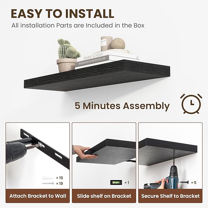 24 Inch Floating Shelves, 11.6 Inch Deep Floating Shelves for Wall, Floating Shelf with Invisible Brackets, Deep Shelves for Bathroom, Bedroom, Living Room, 2 Pack, Black