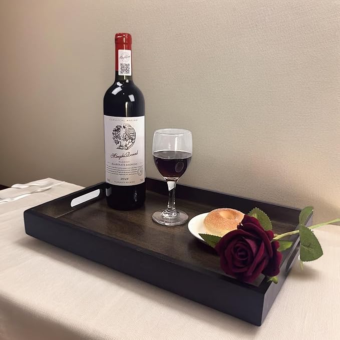 Large Bamboo Wooden Tray with Handles, Rectangular Natural Solid Wood, Black Walnut Color Serving Tray Suitable for Kitchen,Bedroom,Coffee, Party Bars. (14.9x10.2x1.57 inches)