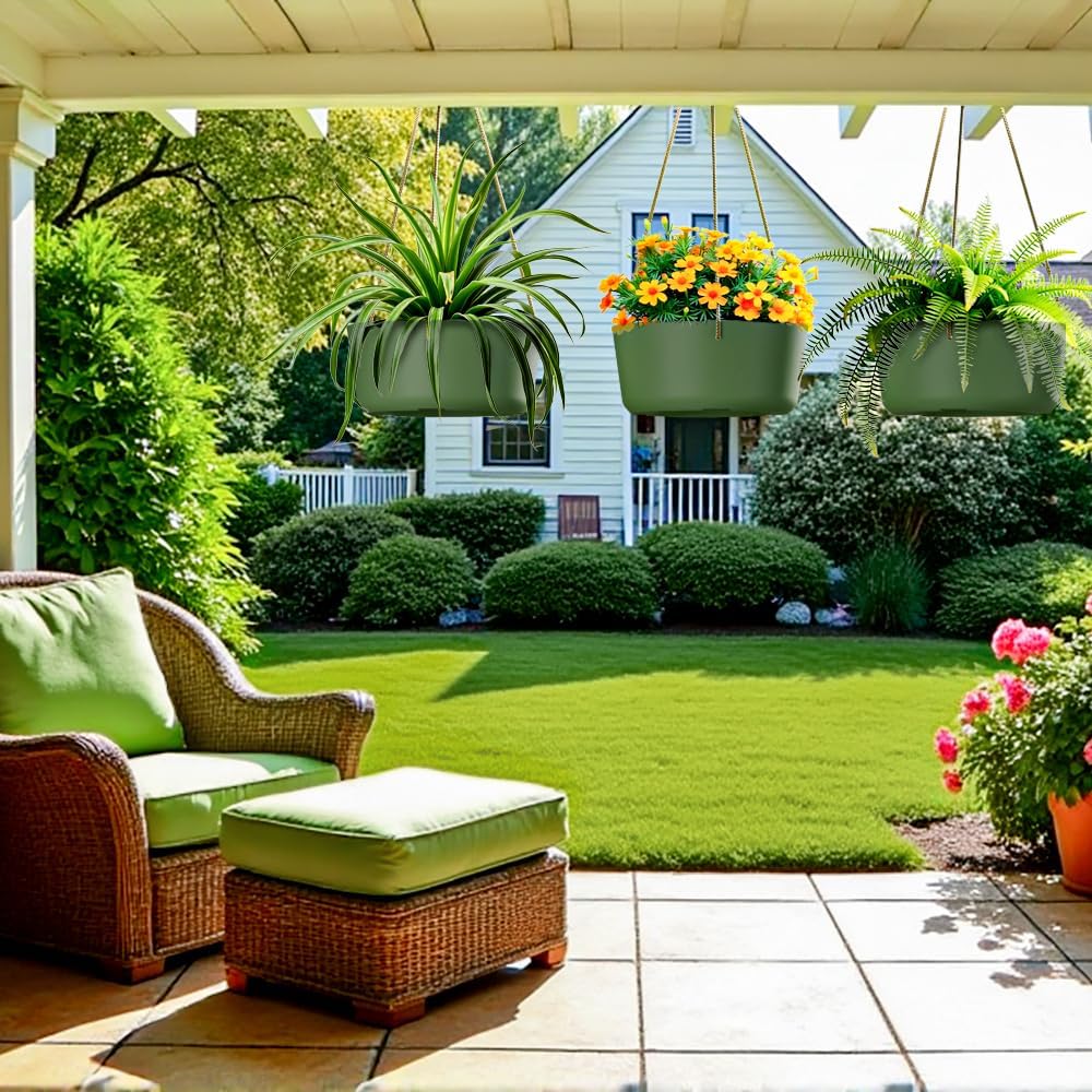 10.7 Inch Hanging Planter for Outdoor Indoor Plants，2 Pack Hanging Flower Pots with Drain Holes for Garden Home Decor Use (Dark Green)