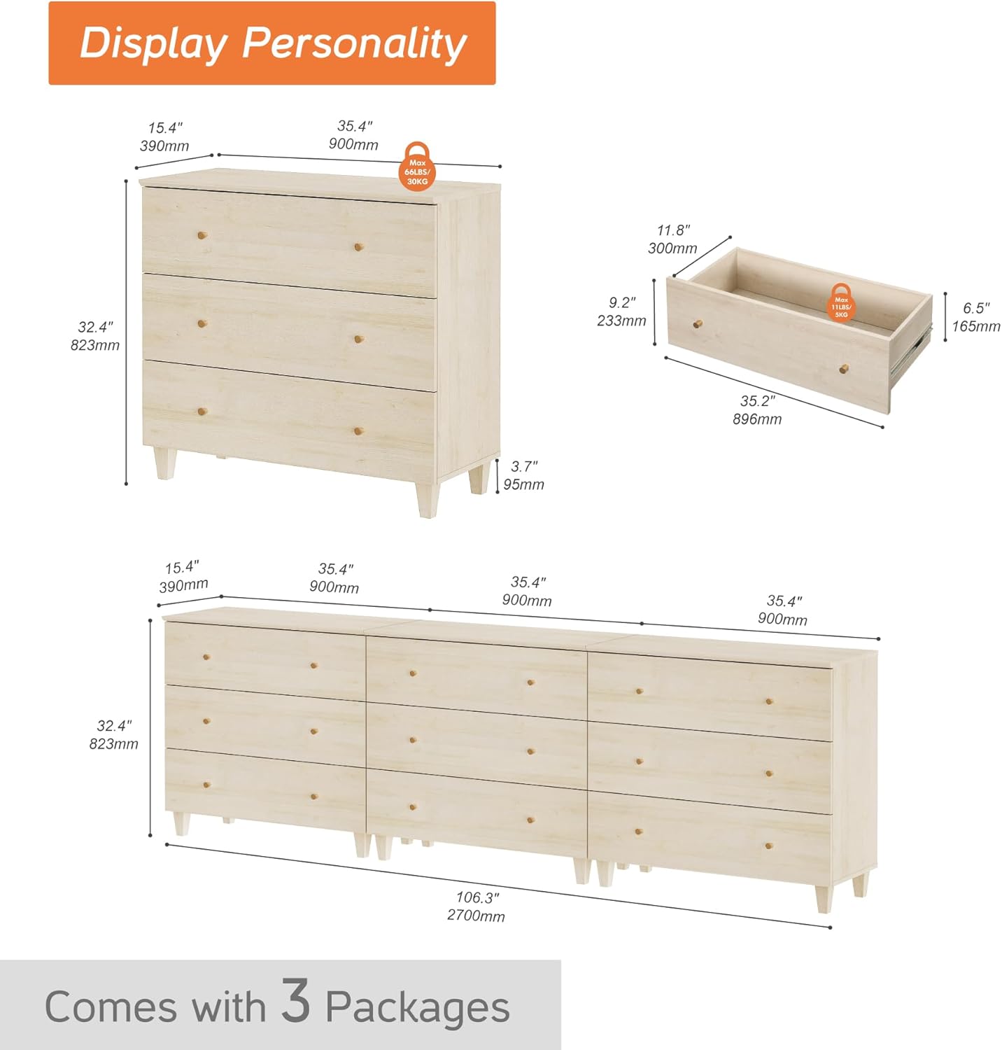 WAMPAT Dresser with 9 Drawers, Bedroom 3-in-1 Wide Wooden Chest of Drawers, Modern Long Dressers Closet Storage Organizer w/Solid Wood Legs for Living Room, Kids Room, Nursery, Light Oak, 106 Inches