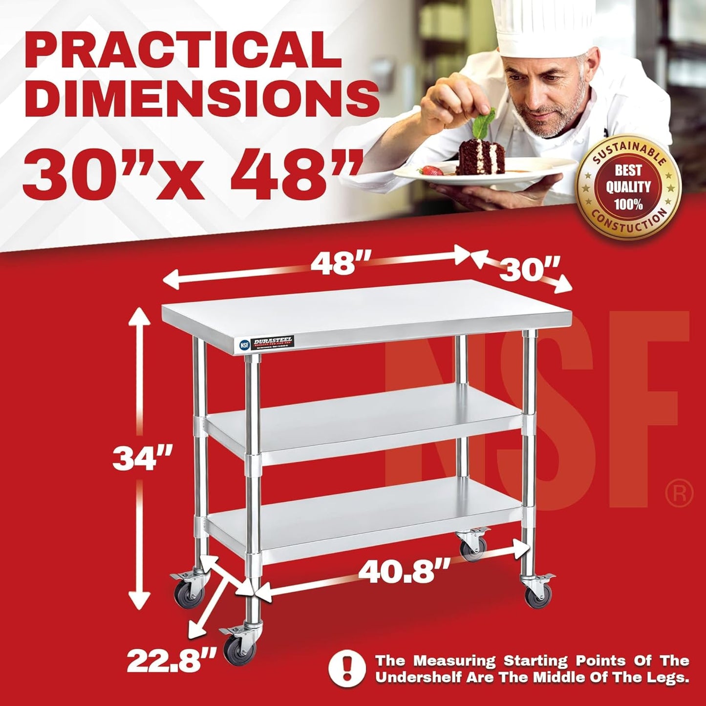 Food Prep Stainless Steel Table + Galvanized Under Shelf for 30" x 48" Work Tables
