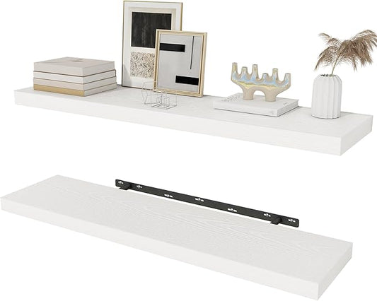 Fun Memories White Floating Shelves 36 Inch Long, Rustic Farmhouse Bathroom Shelves Over Toliet, 36 x 8 Inch Floating Shelves for Wall, Deep Wall Shelf for Living Room, Kitchen, Bedroom, Set of 2