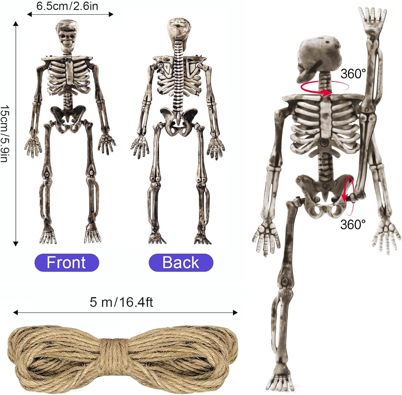 24 Pcs mini skeleton halloween decoration With hemp rope，6”small plastic posable halloween tiny skeleton figurines decor for Halloween Indoor Outdoor Graveyard Decor Haunted House Party Favors