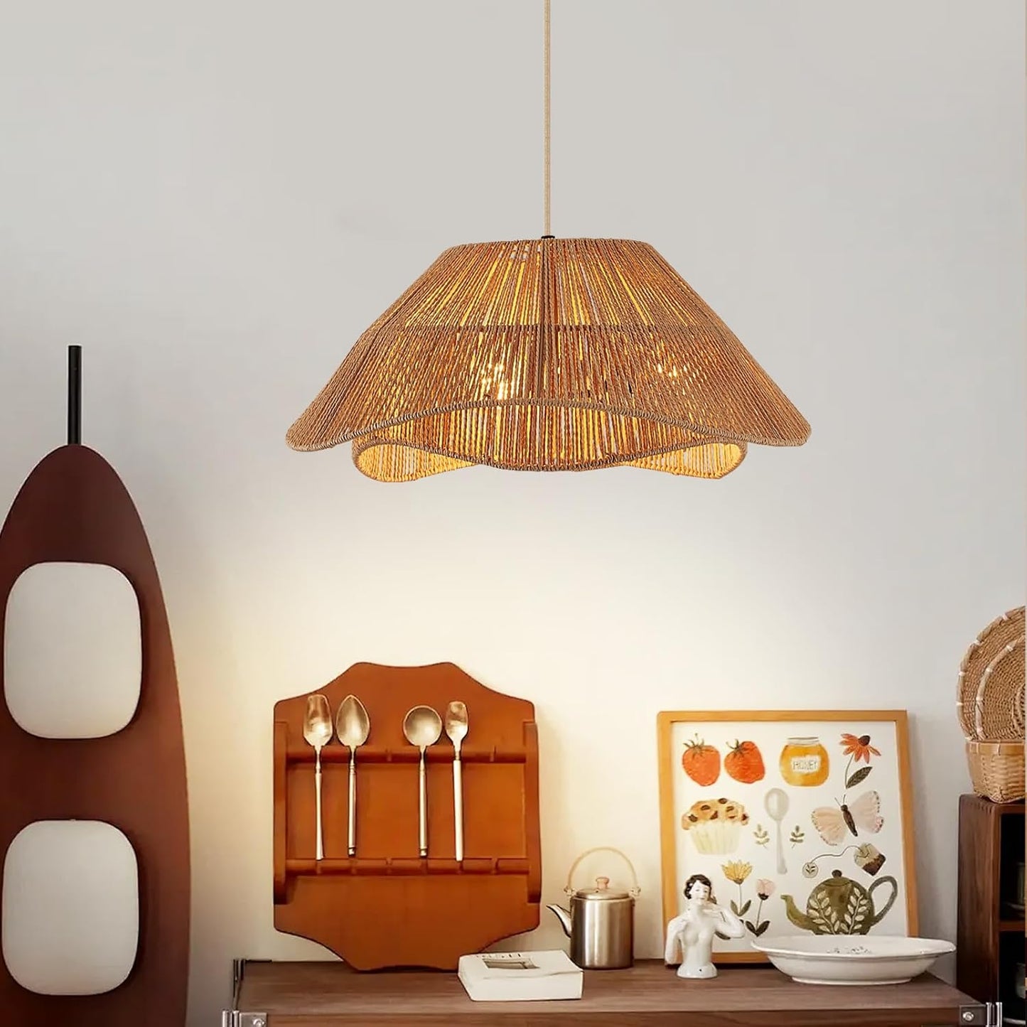 19.68" Rattan Pendant Light Fixture, 3-Light Boho Hanging Light Fixture Ceiling Mount, Bohemian Woven Wicker Flush Mount Hanging Lamp, Adjustable Rattan Chandelier for Kitchen Island Hallway