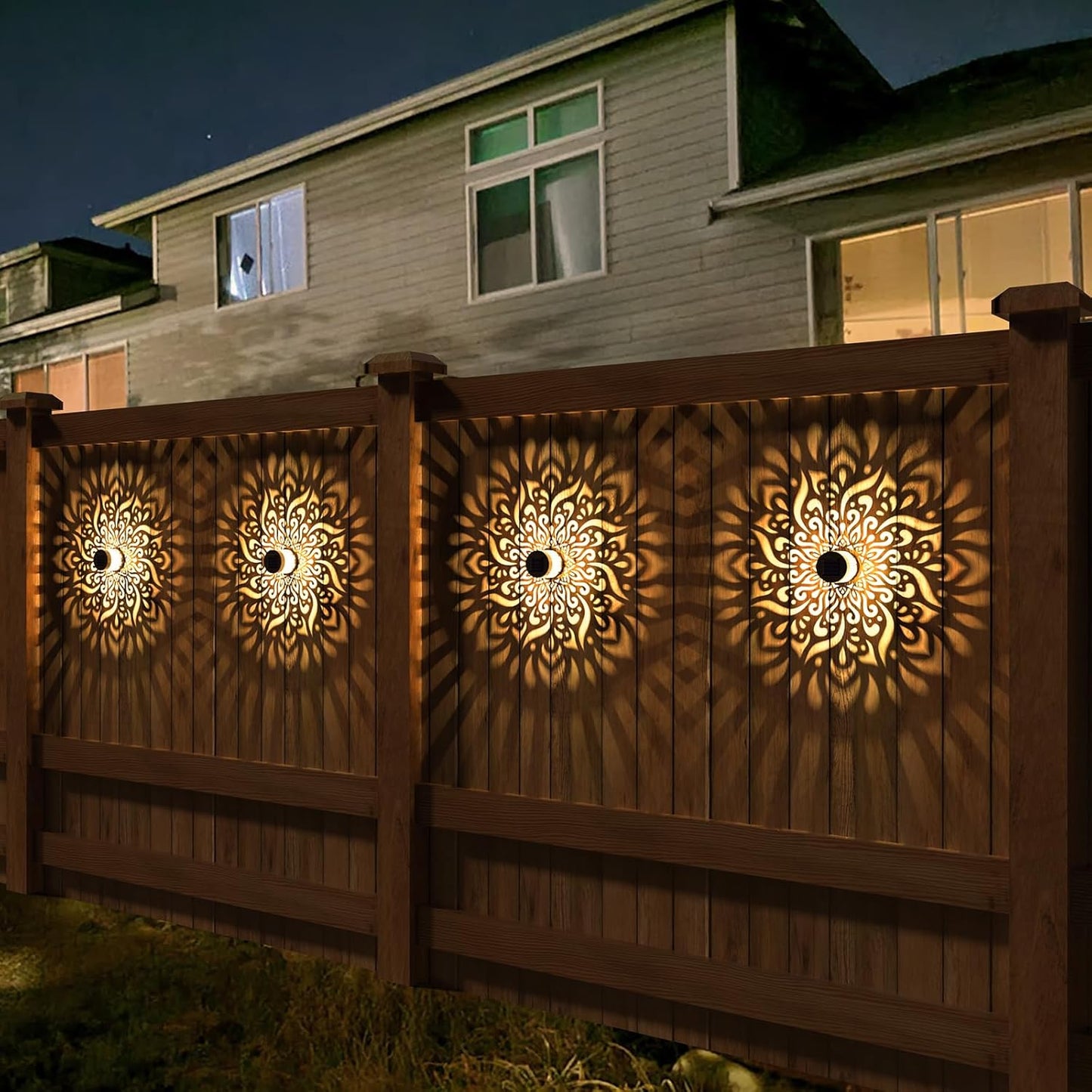 4 Pack Solar Fence Lights Metal Solar Powered Outdoor Wall Deck Step Lights Mandala Theme Waterproof Fence Light for Garden Post Patio Backyard Decor (4 Pack)