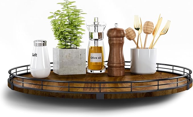 Farmhouse Oak 18" Lazy Susan Turntable Organizer for Cabinet, Round Wooden Lazy Susan Organization and Storage for Dining Table, Pantry, Kitchen, Countertop, Cupboard,Home Decor, Walnut Wood (18")