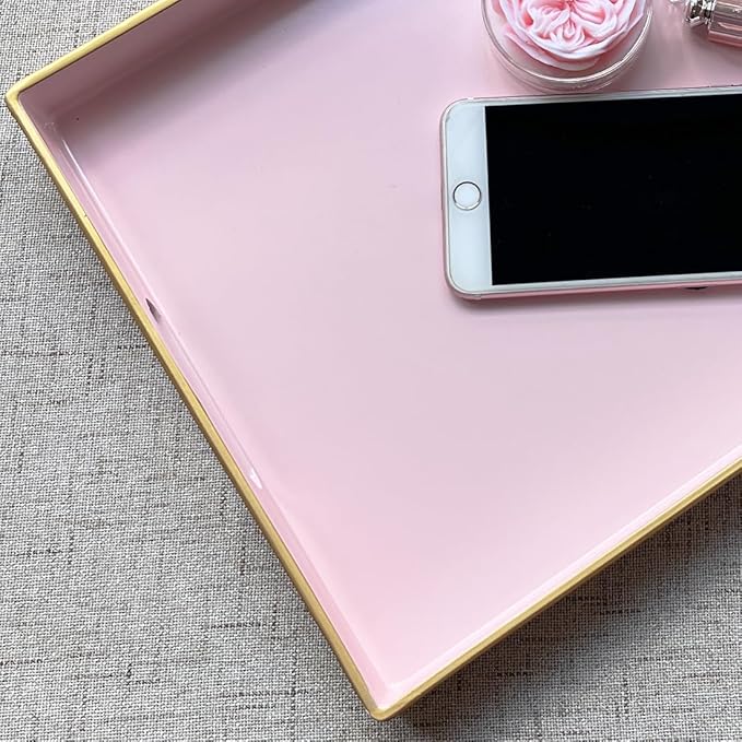 Large Pink Rectangular Decorative Tray – Plastic Serving Tray with Handles for Coffee Table, Ottoman, Living Room, 15.7” x 11.8” x 1.6