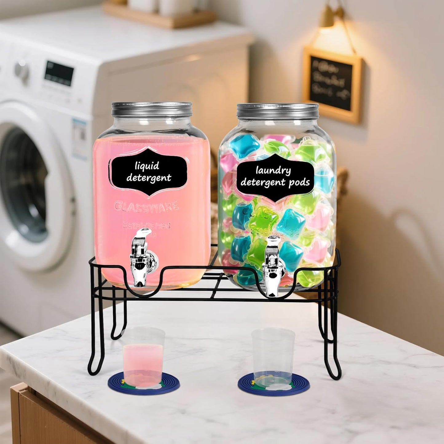 2-Pack 1 Gallon Glass Laundry Detergent Dispenser Set with Bamboo Lids and Stand - Liquid Soap and Fabric Softener Dispensers with Spigots, Cups, Labels and Mats, Laundry Room Organization and Storage