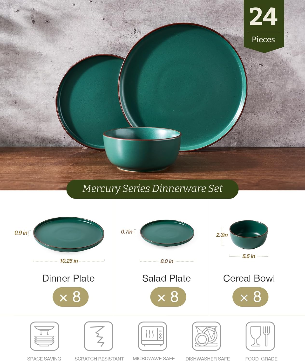 Famiware Mercury 24 Pieces Dinnerware Sets, Plates and Bowls Sets for 8, Microwave and Dishwasher Safe Dish Set, Dark Green
