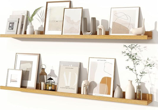 Fun Memories Picture Ledge Shelves Set of 2, 48 Inch Rustic Wall Mounted Floating Shelves with Lip for Home Storage and Décor in Bathroom, Kitchen, Nursery, Bedroom, Living Room, Oak