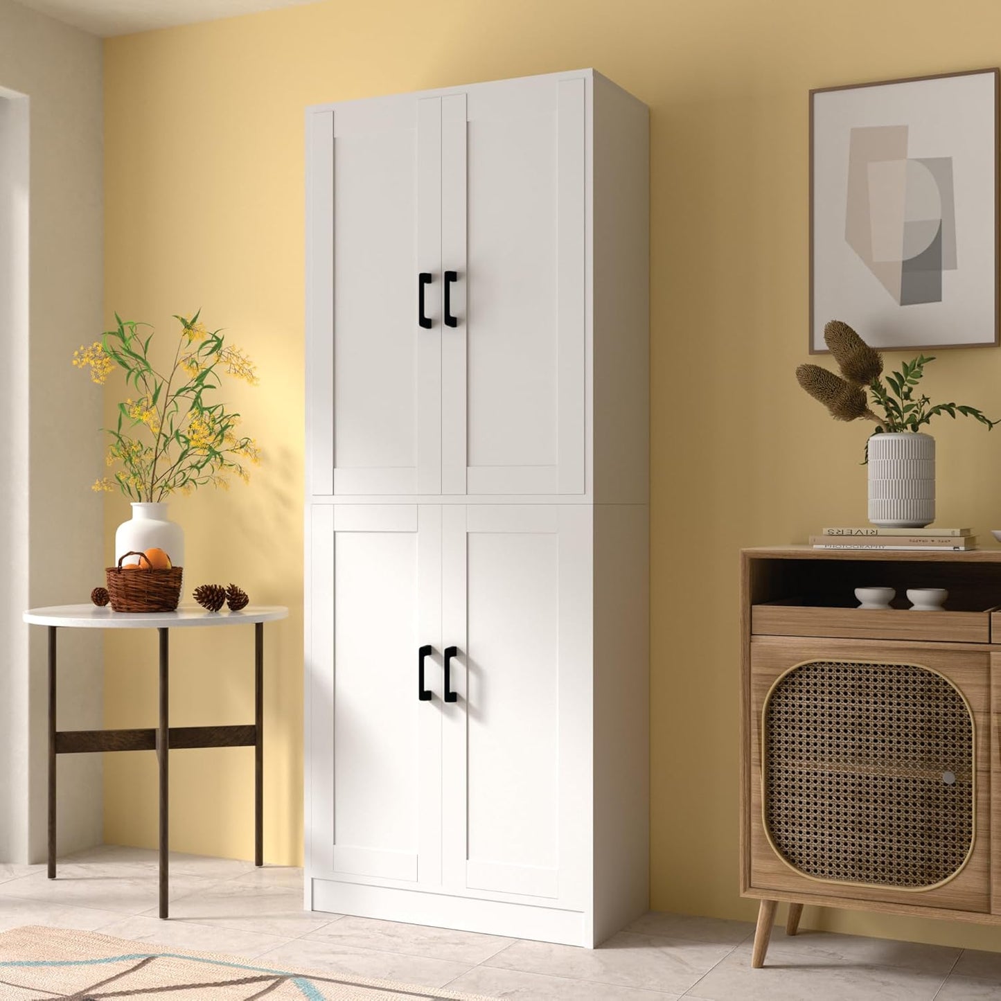 White Kitchen Pantry, 71" Tall Cabinet with Doors, Hutch with Storage for Dining Room