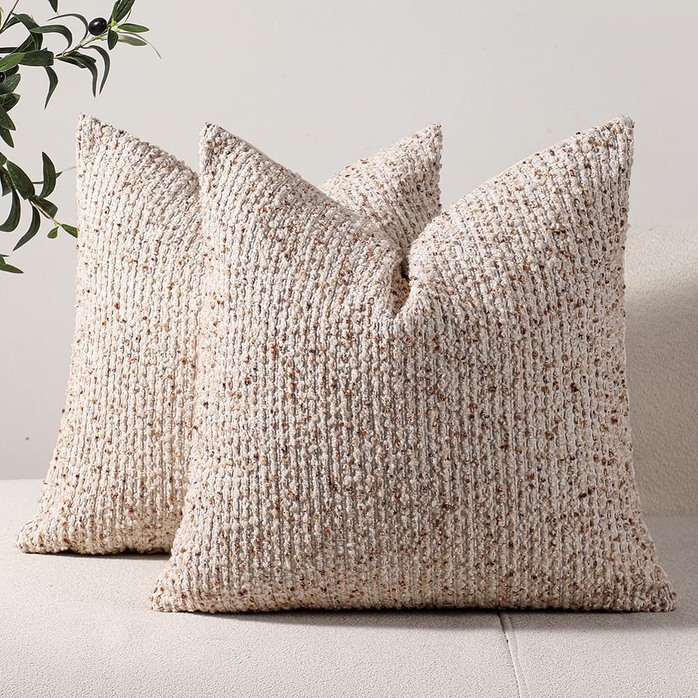 Striped Throw Pillow Covers 16x16 Set of 2 Beige Textured Boucle Chic Morden Boho Accent Farmhouse Square Decorative Couch Pillow Covers for Home Decor Bed Sofa Living Room