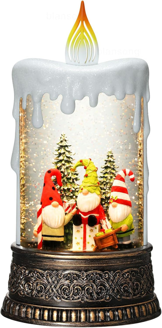 Gnome Snow Globe Candle Christmas Decorations Gifts Auto Snowfall Glitter Music Collection with 6H Timer USB/Battery Powered 9.7 inch