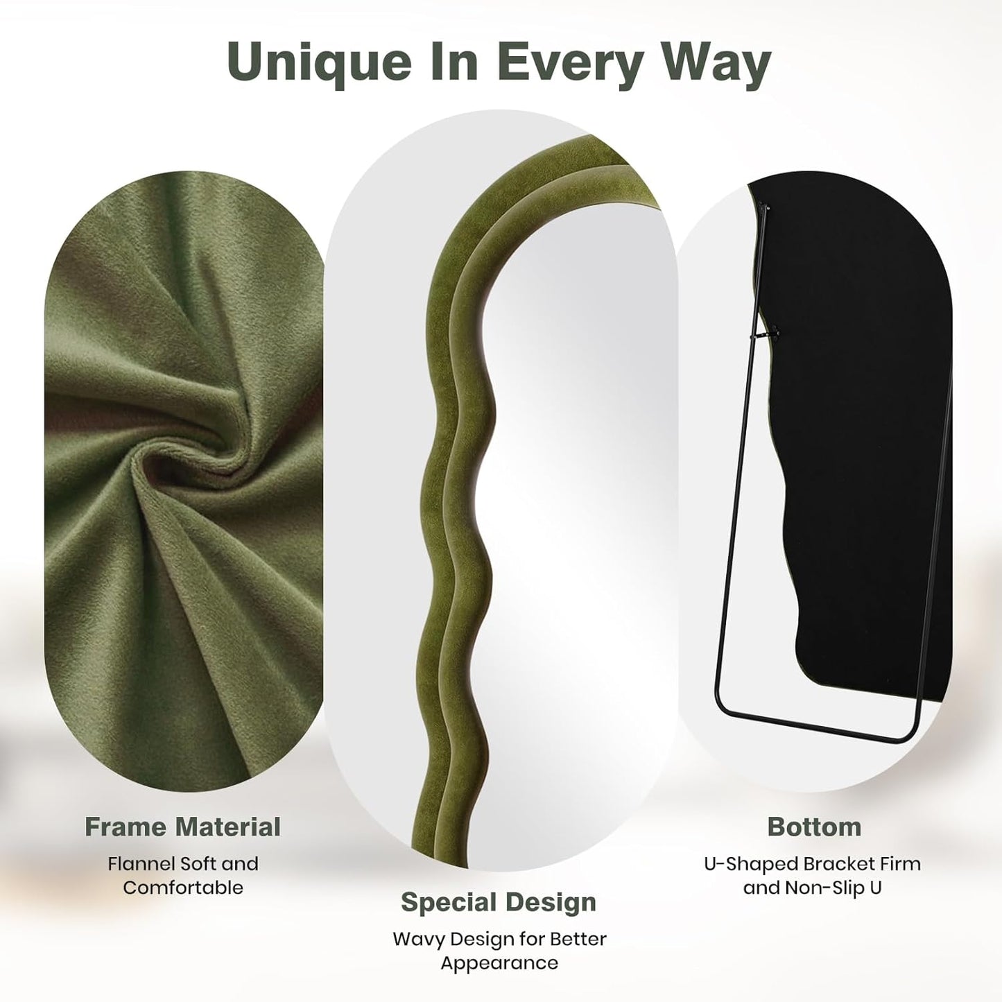 Full Length Mirror 63"x24" Arched Wavy Full Body Wall Mounted Floor Mirror with Stand Green Flannel Frame Leaning Hanging Wall Mirror for Bedroom Entrance Hallway