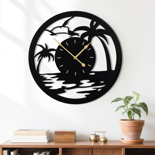 20inches/50cm Wall Clocks Palm Tree Battery Powered No Ticking Silent Round Black Modern Unique Metal Wall Clocks Suitable Living Room Kitchen Bedroom Fireplace Office Farmhouse。
