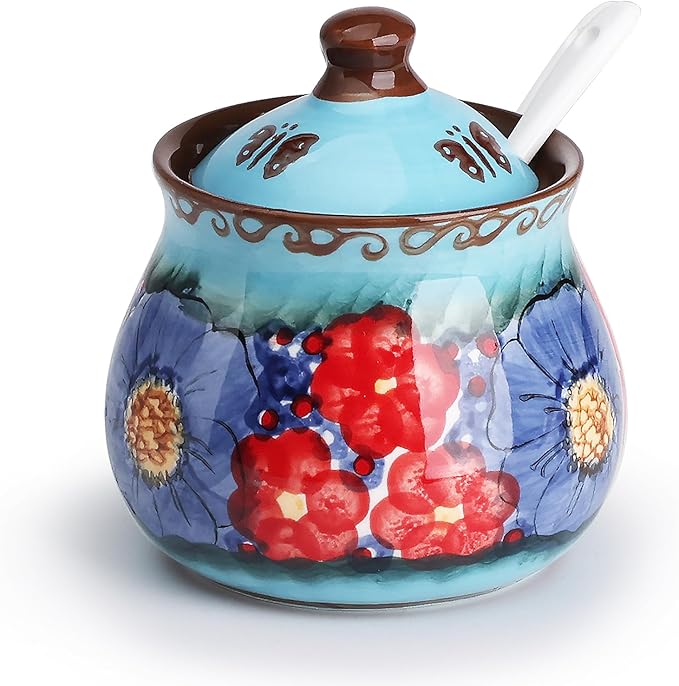 silesia Handmade Sugar Bowl with Lid and Spoon, 9 Ounce Ceramic Hand-Painted Sugar Jar for Home in Gift Box, Kitchen Decor, Oven, Dishwasher & Microwave Safe, Glazed Blue