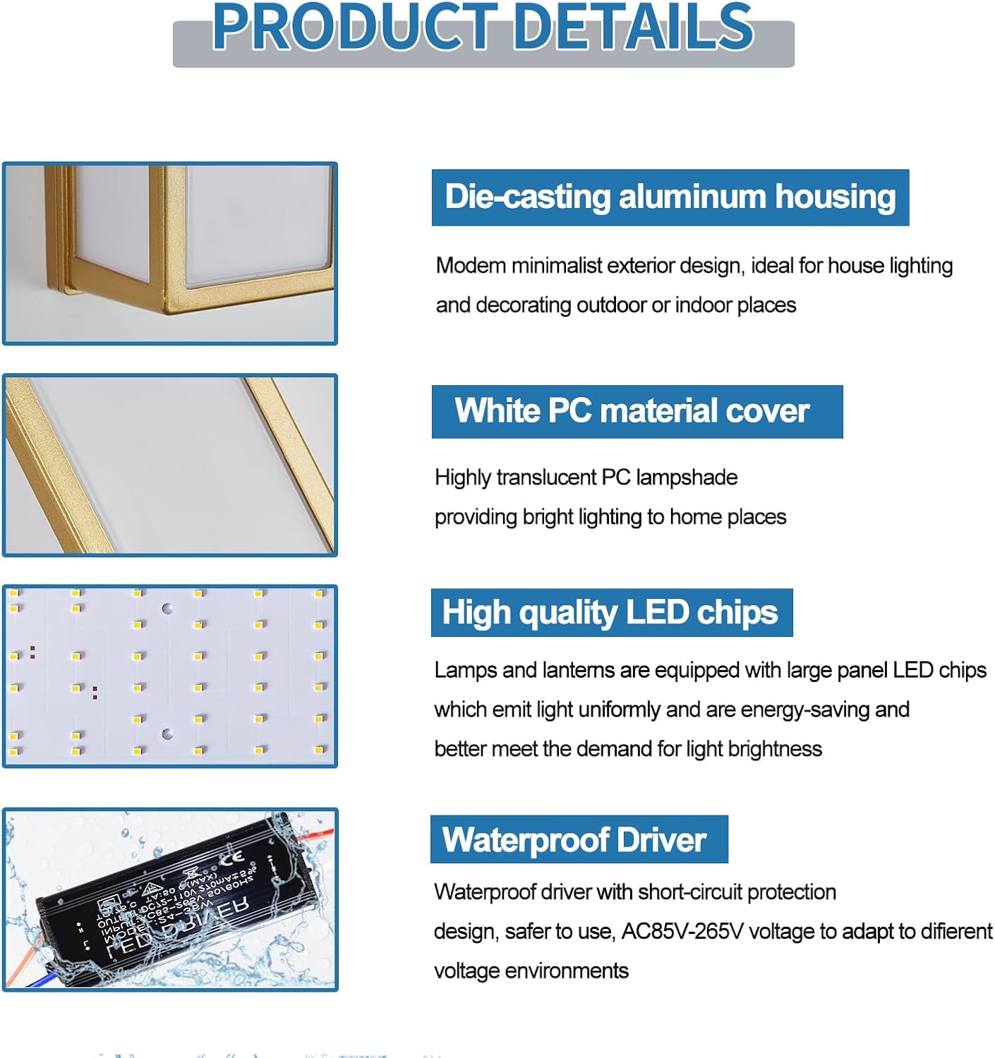 2-Pack Outdoor Wall Light LED 30W Aluminum - Gold Modern Exterior Sconce,3000K Warm,Waterproof Rectangular Porch Wall Mount Lighting Brightens to Patio,Garage,Front Door