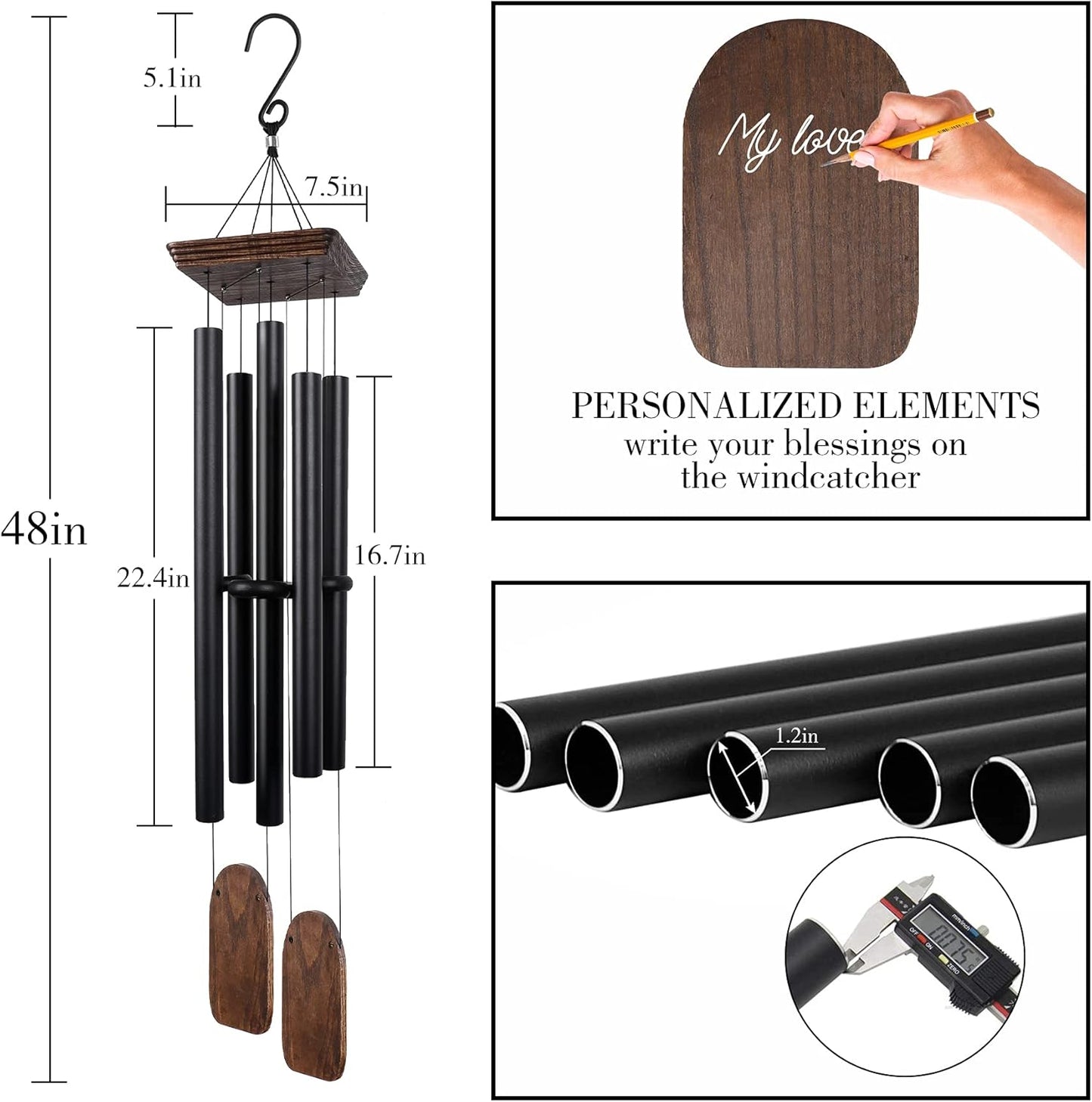 48" Large Wind Chimes for Outside Deep Tone, Wood Wind Chimes Outdoor Clearance, Memorial Gifts for Mother's Day and Christmas, Outdoor Decor for Garden, Patio, Yard(Big Wind Chime, Black)