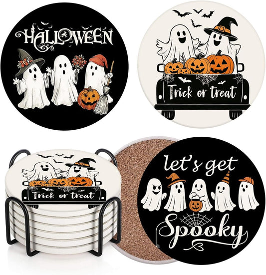 Coaster for Drinks Set of 6, Halloween Black and White Ghost Pumpkins Absorbent Round Ceramic Stone Mat, with Cork Base and Metal Holder, Gift for Housewarming Room Bar Decor