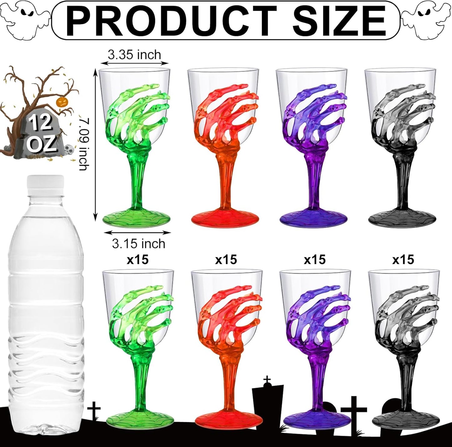 Yungyan 60 Pcs Halloween Skeleton Hand Plastic Goblets Set 12 oz Spooky Skeleton Hand Goblets Halloween Clear Cups Wine Glasses Creepy Champagne Decorations for Party Haunted House 4 Color