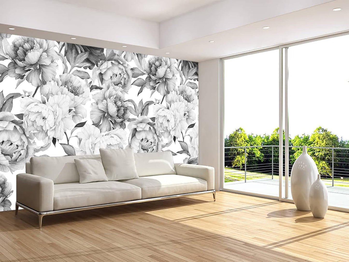 Gray Peonies Wallpaper Watercolor Floral Mural Wallpaper for Nursery(Not Peel n' Stick)