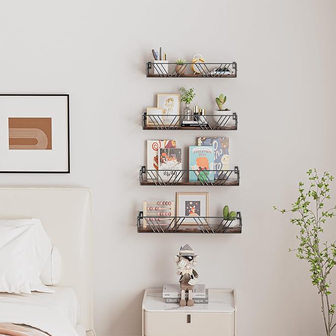 Floating Shelves for Wall Set of 4, Different Sizes Mounted Wood Floating Shelf, Wall Shelves for Living Room, Bedroom, Bathroom, Kitchen, Farmhouse Decor, Office