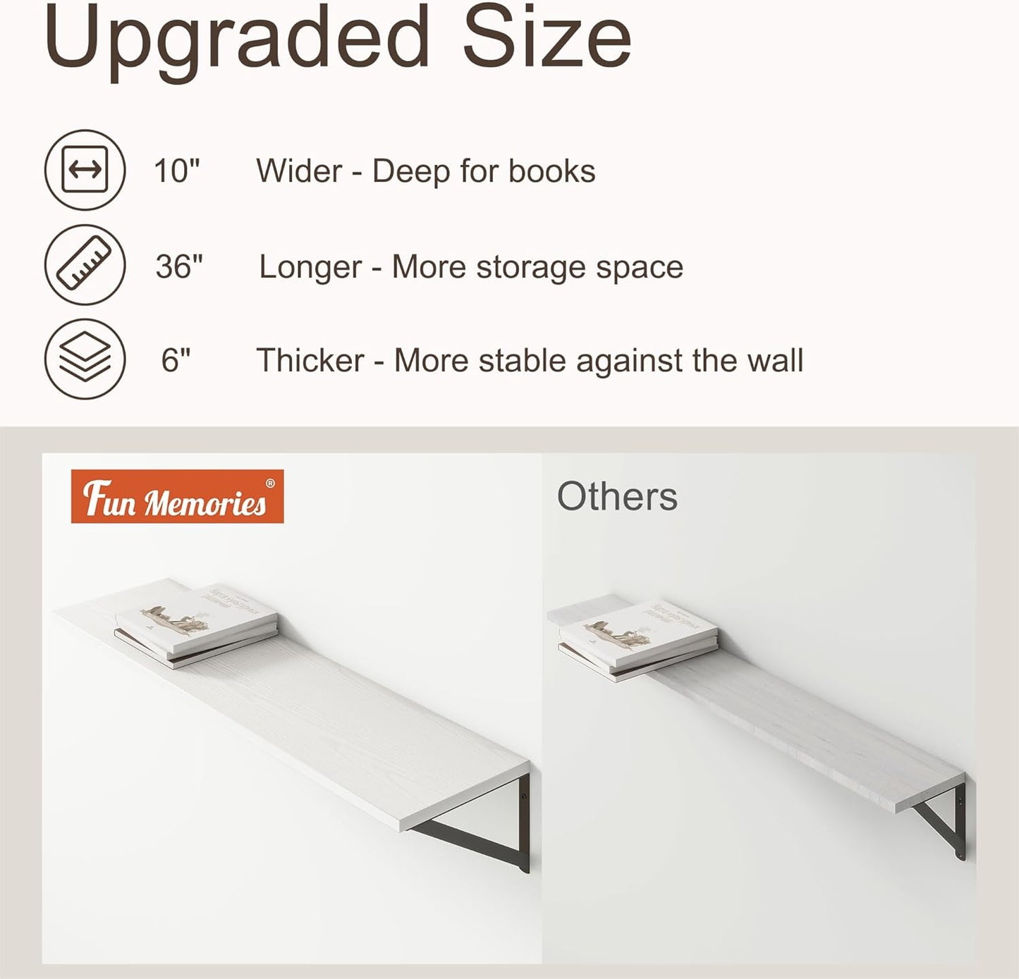 36"W x 10"D Floating Shelves, 10 Inch Deep White Floating Shelves, Farmhouse Rustic Deep Wall Shelves for Home Decor, Wide Large Floating Shelf for Bathroom, Living Room, Kitchen, Study Room