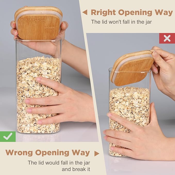 Glass Food Storage Jars Square 37oz, 4 Pack Glass Jars With Bamboo Lids, Kitchen Storage Containers For Spice, Candy, Cookie, Storage For Pantry Organizers