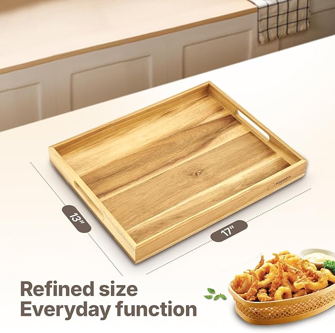 Koppen Acacia Wood Serving Tray with Handles, 17" x 13.86", Large Wooden Platter for Breakfast, Ottoman Tray for Party, Snacks, Fruit, Coffee Table, Living Room, Sofa, Bed, Outdoor