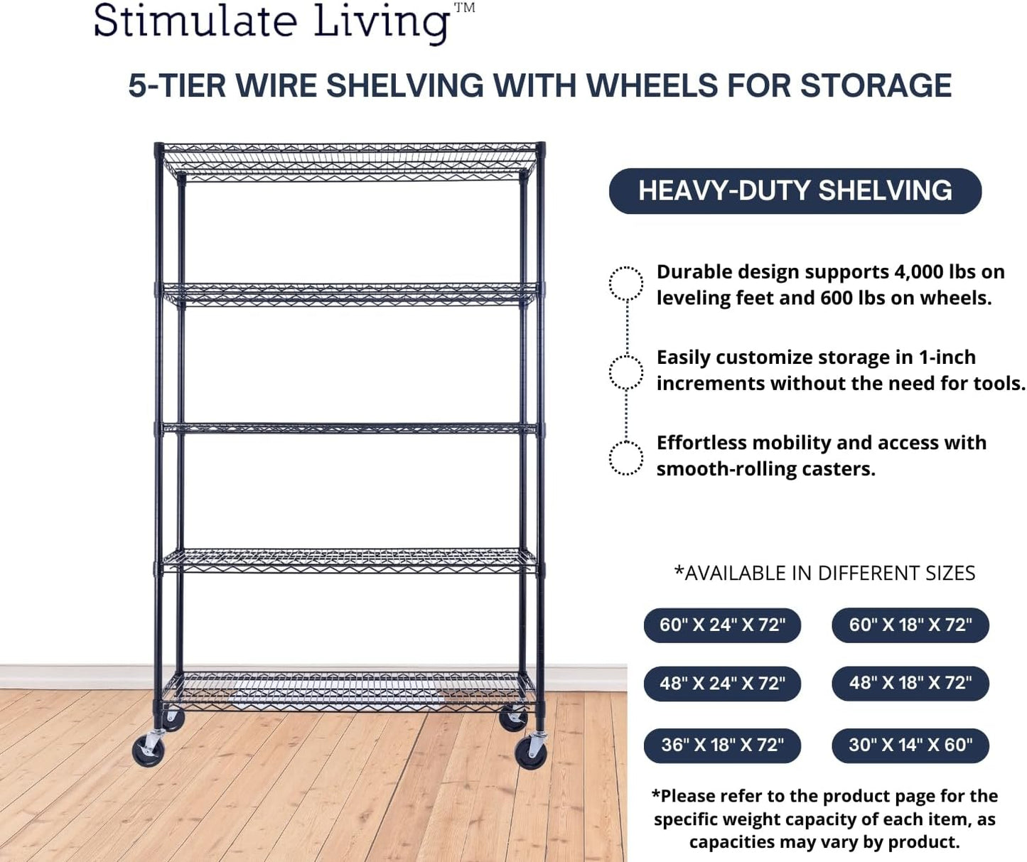 48"x18"x72" PRIME HEAVY DUTY Black 5-Tier Wire Shelving NSF 4000 LBS MAX Capacity Storage Rack for Commercial, School, Home, Garage, Warehouse, Industrial, and Hospital Uses (with Wheels)