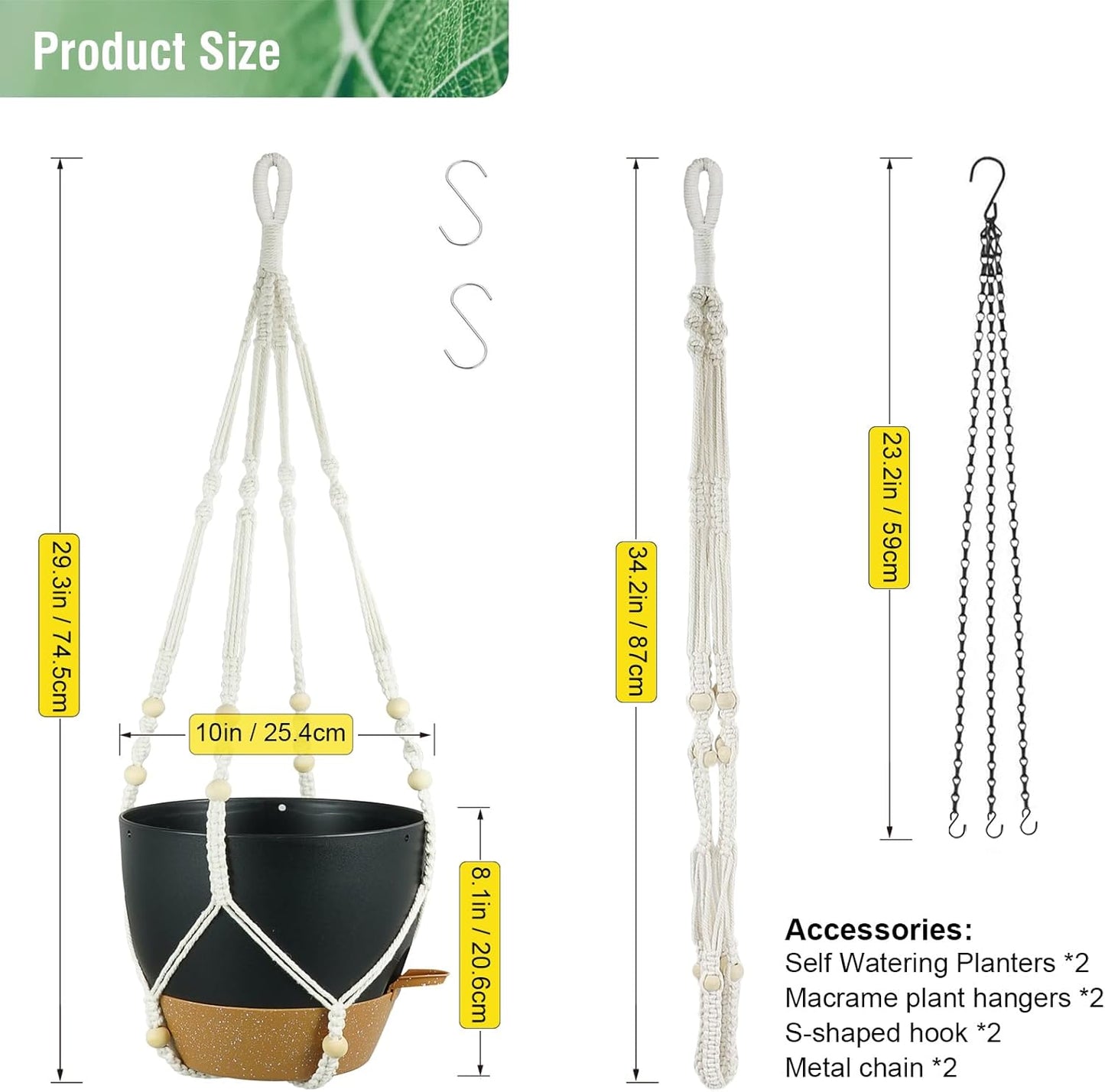 10 inch Self Watering Hanging Planters, 2 Pack Hanging Flower Pots for Indoor Outdoor Plants, Hanging Baskets with Drainage Holes & 2 Kinds of Plant Hangers for Garden Home Decor, Black Brown