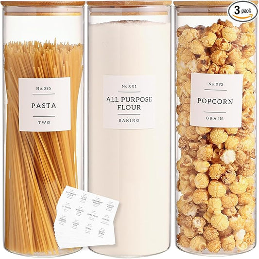 3 Pack Glass Jar with Airtight Bamboo Lid and White 132 Kichen Pantry Labels Preprinted - 70 Oz Clear Tall Glass Food Storage Containers set For Noodles Pasta Spaghetti